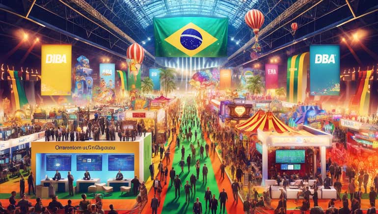 Cena vibrante de um evento de iGaming no Brasil, com estandes coloridos, bandeiras brasileiras, decorações de carnaval e imagens de futebol.