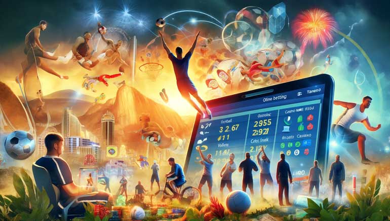 Uma cena animada de esportes e apostas no Brasil em 2024. Atletas competem em futebol, ginástica, vôlei e judô. A imagem inclui uma interface de apostas online, apostas móveis e marcos do Rio de Janeiro como o Cristo Redentor.