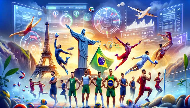 Atletas brasileiros se preparando para as Olimpíadas de 2024, com a Torre Eiffel e o Cristo Redentor ao fundo.